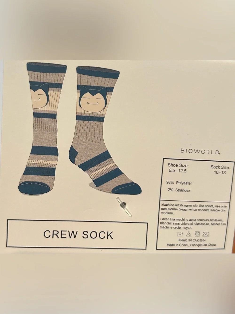 POKEMON Snorlax Bioworld Crew Socks Blue Striped Men’s 6.5-12.5 NWT